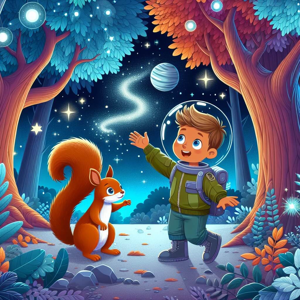 Une illustration destinée aux enfants représentant un jeune homme fasciné par les étoiles, se lançant dans une aventure spatiale à travers une forêt enchantée, accompagné d'un écureuil parlant, dans un lieu parsemé d'arbres majestueux aux feuilles lumineuses et scintillantes.