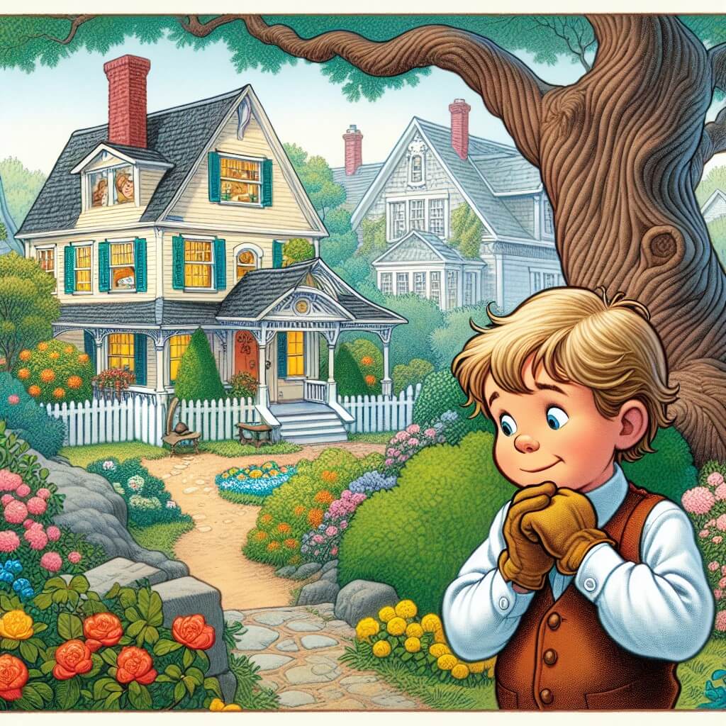 Une illustration destinée aux enfants représentant un petit garçon curieux, confronté à une situation où il doit faire face aux conséquences de ses mensonges, avec pour personnage secondaire une voisine bienveillante et une charmante petite maison entourée d'un jardin fleuri et d'un vieux chêne majestueux, située dans une petite ville appelée Riverdale.