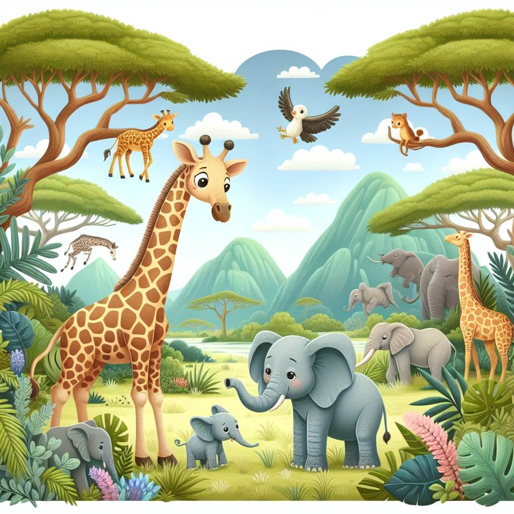 Une illustration destinée aux enfants représentant une majestueuse girafe curieuse découvrant un bébé éléphant perdu dans une savane africaine luxuriante, entourée d'animaux exotiques et d'une forêt enchantée.