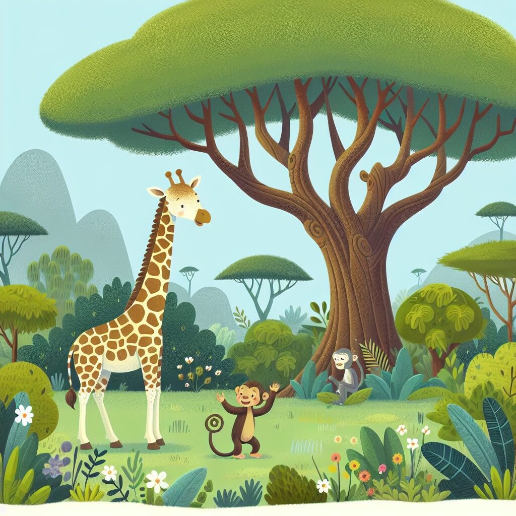 Une illustration destinée aux enfants représentant une élégante girafe aux longues jambes, se tenant devant un majestueux arbre de la savane, tandis qu'un petit singe l'appelle à l'aide, dans un paysage luxuriant de verdure et de fleurs colorées.