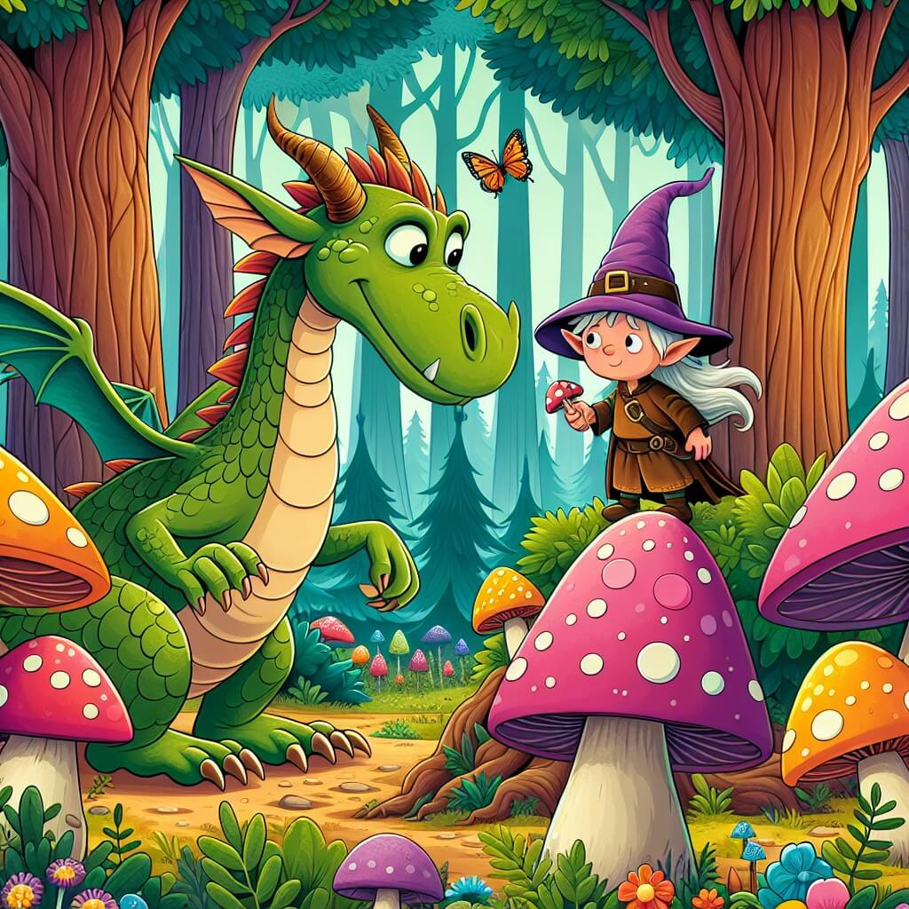 Une illustration destinée aux enfants représentant un dragon farceur et espiègle, accompagné d'un petit lutin malicieux, dans une forêt enchantée aux arbres majestueux, aux couleurs chatoyantes et aux champignons géants.