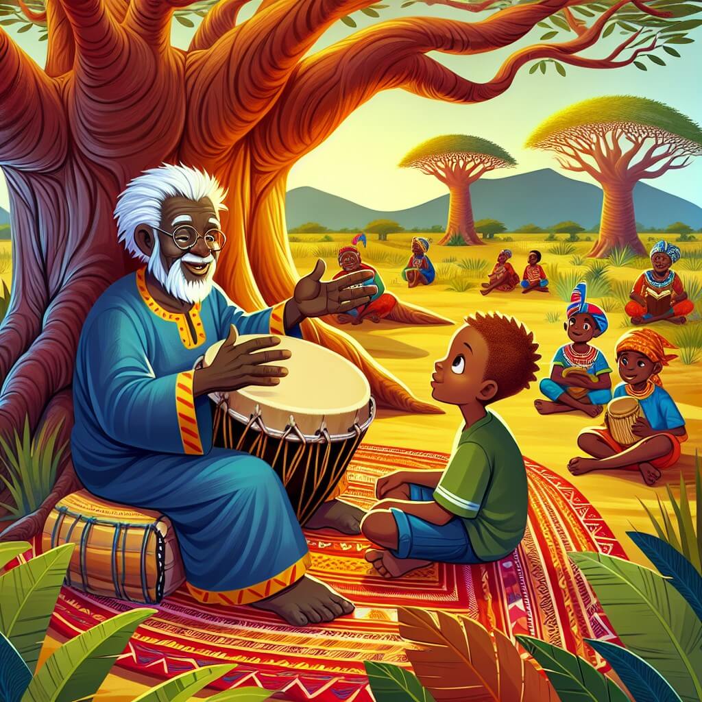 Une illustration destinée aux enfants représentant un sage homme africain, assis sous un majestueux baobab au cœur d'un village coloré et animé, racontant une histoire captivante aux enfants, tandis qu'un jeune garçon curieux découvre un tambour magique qui les emmènera tous dans un voyage extraordinaire à travers les paysages sauvages de l'Afrique.