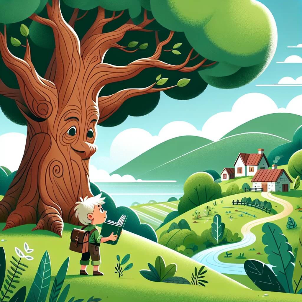 Une illustration destinée aux enfants représentant un petit garçon curieux et imaginatif, plongé au cœur d'une aventure captivante sur le changement climatique, accompagné d'un sage et bienveillant chêne centenaire, dans un paisible village niché au creux de collines verdoyantes.