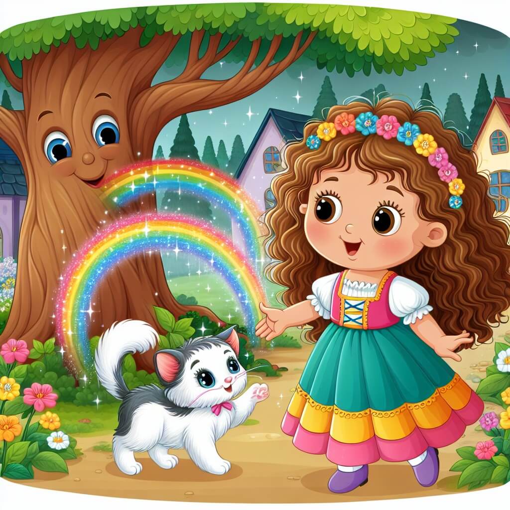 Une illustration destinée aux enfants représentant une petite fille aux cheveux bouclés, vêtue d'une robe colorée, découvrant un chaton étincelant aux couleurs de l'arc-en-ciel, dans un village paisible entouré d'une forêt enchantée avec des arbres aux visages souriants et un vieux chêne majestueux.