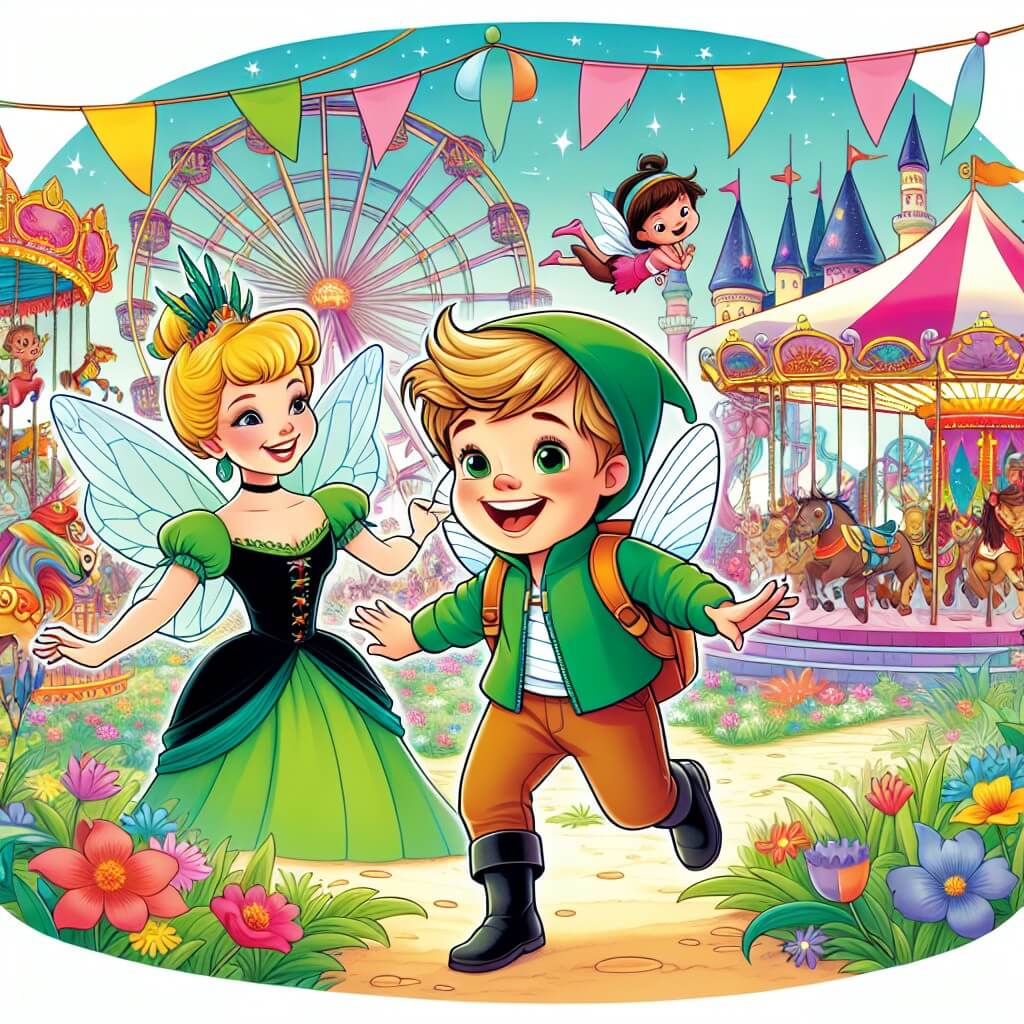 Une illustration destinée aux enfants représentant un petit garçon plein de curiosité se retrouvant embarqué dans une aventure magique lors d'un carnaval enchanteur, accompagné d'une fée espiègle, dans un lieu éclatant de couleurs et de rires, où les manèges et les attractions transportent les visiteurs dans un monde féerique.