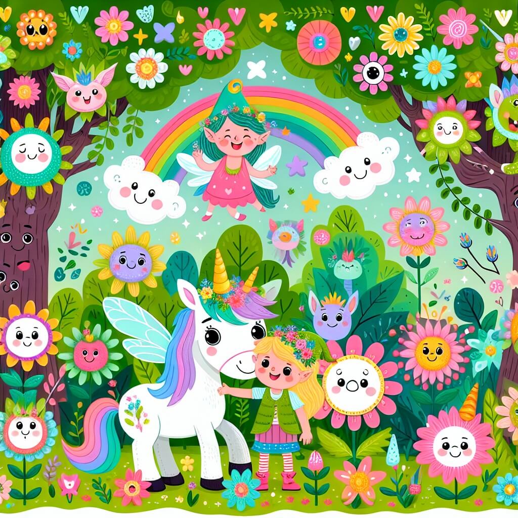 Une illustration destinée aux enfants représentant une fée espiègle, accompagnée d'une joyeuse licorne, dans un jardin secret rempli de fleurs multicolores et d'arbres aux visages souriants, où des créatures rigolotes se cachent parmi les buissons et les branches.