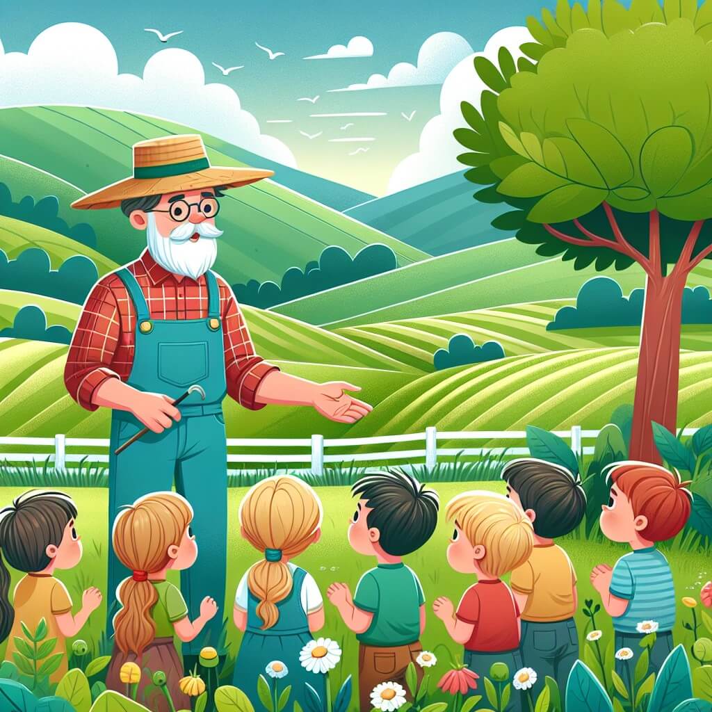 Une illustration destinée aux enfants représentant un agriculteur bienveillant, vêtu d'une chemise à carreaux et d'un chapeau de paille, enseignant à un groupe d'enfants curieux les secrets de la nature dans une ferme pittoresque entourée de champs verdoyants et de collines douces.