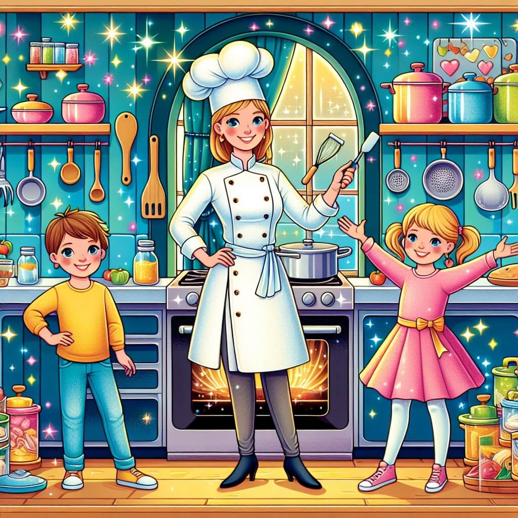 Une illustration destinée aux enfants représentant une femme chef cuisinier talentueuse, entourée d'un jeune garçon et d'une petite fille, dans une cuisine magique aux murs ornés de casseroles colorées, avec une multitude d'ingrédients étincelants sur les étagères et des ustensiles de cuisine dansant joyeusement.