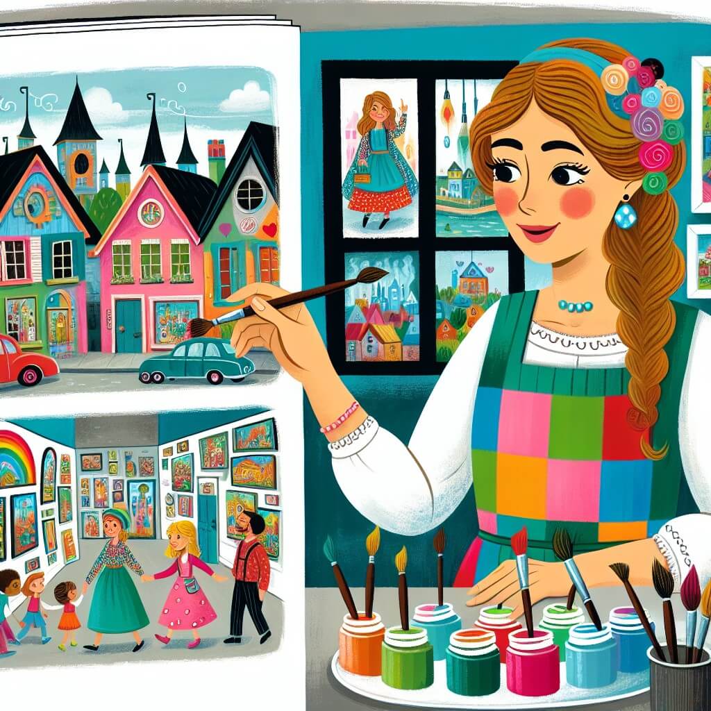 Une illustration destinée aux enfants représentant une artiste talentueuse, vêtue d'une blouse colorée, captivant l'attention des enfants dans son atelier artistique rempli de tableaux éclatants et d'odeurs de peinture fraîche, situé au cœur d'une petite ville vibrante appelée Paintville.