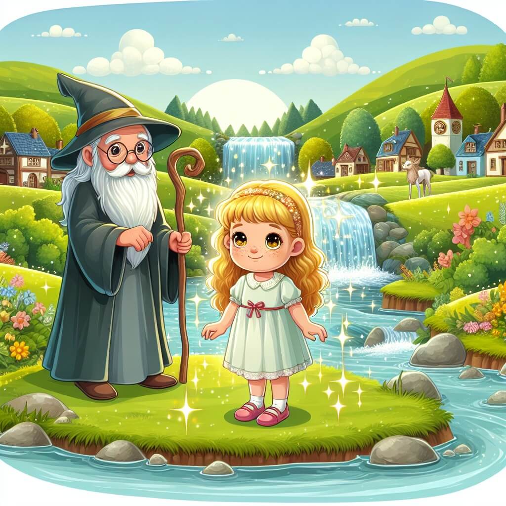 Une illustration destinée aux enfants représentant une petite fille aux yeux étincelants et aux boucles dorées, se tenant devant une cascade scintillante, accompagnée d'un sage vieux sorcier, dans un village pittoresque entouré de collines verdoyantes.