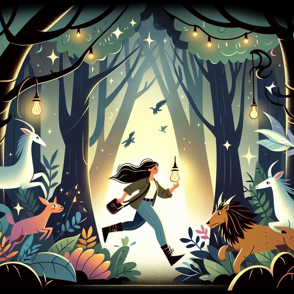 Une illustration destinée aux enfants représentant une femme audacieuse, entourée de créatures mythiques, explorant une forêt enchantée où les arbres murmurent des secrets et les lumières filtrées par les feuilles créent une ambiance magique.