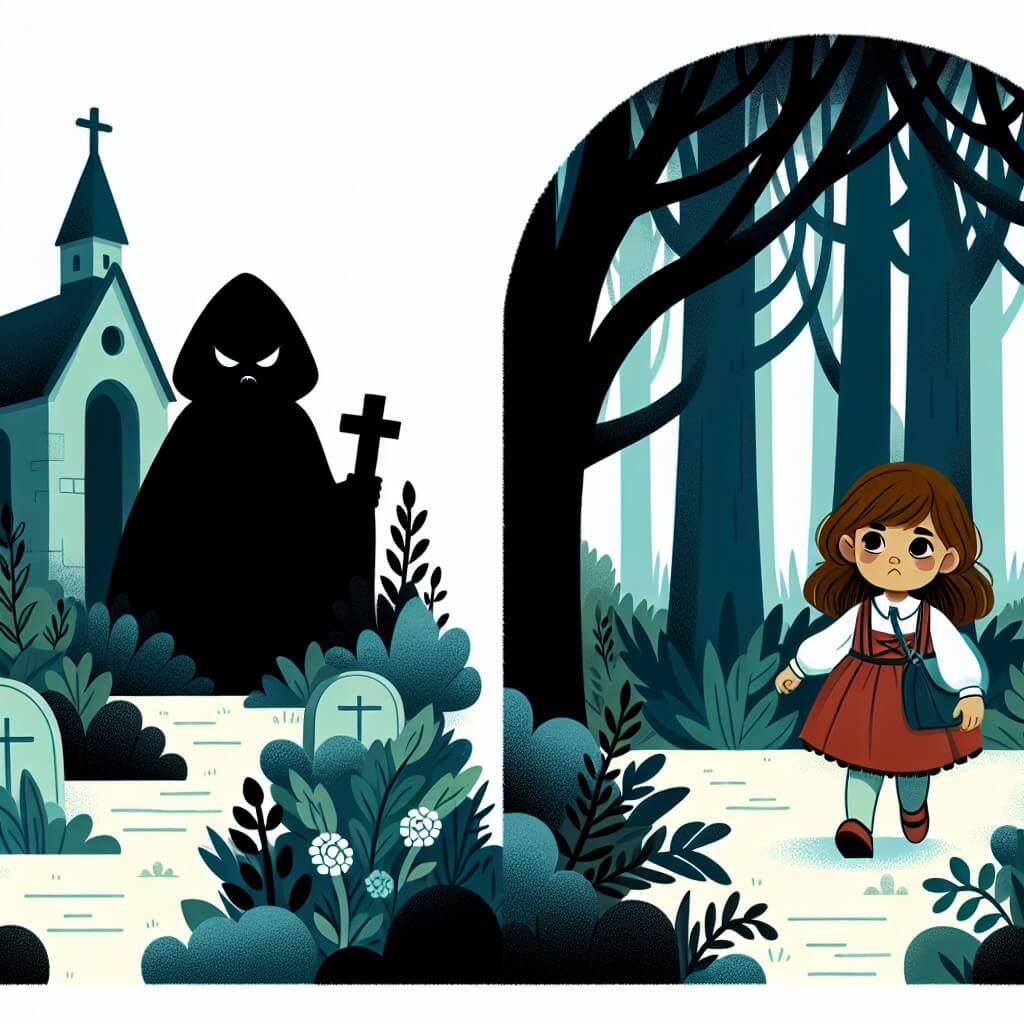 Une illustration destinée aux enfants représentant une petite fille courageuse, seule dans une forêt sombre et mystérieuse, accompagnée d'une ombre sinistre, dans un cimetière abandonné envahi par la végétation.