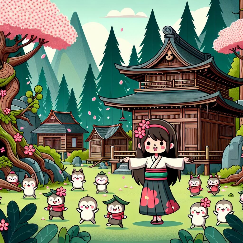 Une illustration destinée aux enfants représentant une femme passionnée d'histoires, se tenant devant un mystérieux sanctuaire abandonné au cœur d'une forêt dense, entourée de joyeux kodama, ces petits esprits des arbres, dans un village japonais pittoresque aux maisons traditionnelles en bois et aux cerisiers en fleurs.