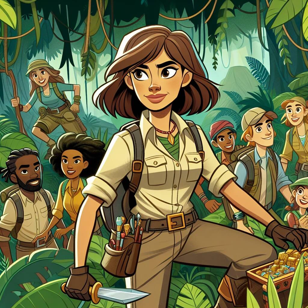 Une illustration destinée aux enfants représentant une femme courageuse et aventurière, entourée de ses coéquipiers, explorant une jungle dense et mystérieuse à la recherche d'un temple ancien rempli de trésors cachés.