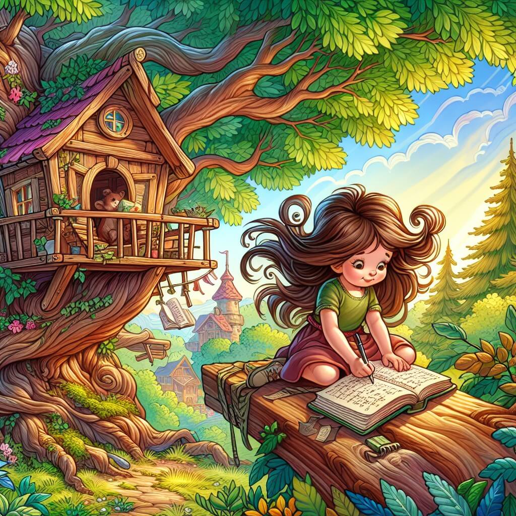 Une illustration destinée aux enfants représentant une petite fille curieuse, aux cheveux bruns flottants dans le vent, découvrant un mystérieux journal dans une vieille cabane perchée au sommet d'un arbre majestueux, entourée d'une nature luxuriante et colorée.