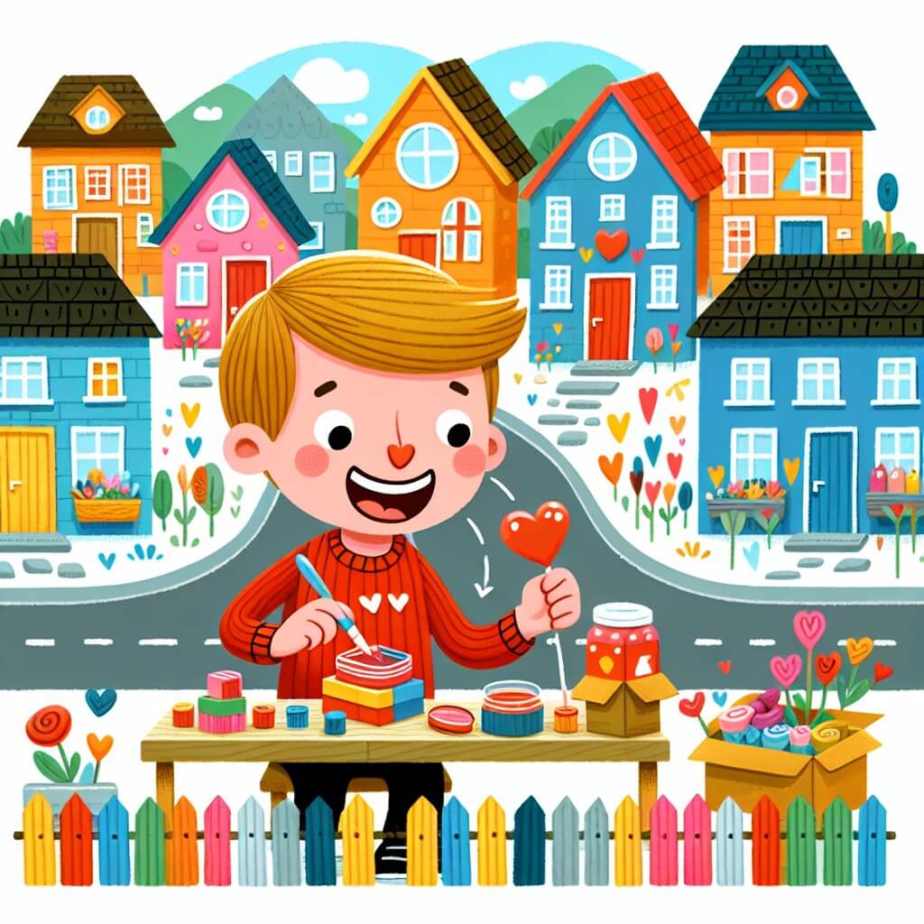 Une illustration destinée aux enfants représentant un petit garçon plein d'enthousiasme et de créativité, préparant une surprise de Saint-Valentin pour une nouvelle amie dans une petite ville aux maisons colorées et aux voisins amicaux.