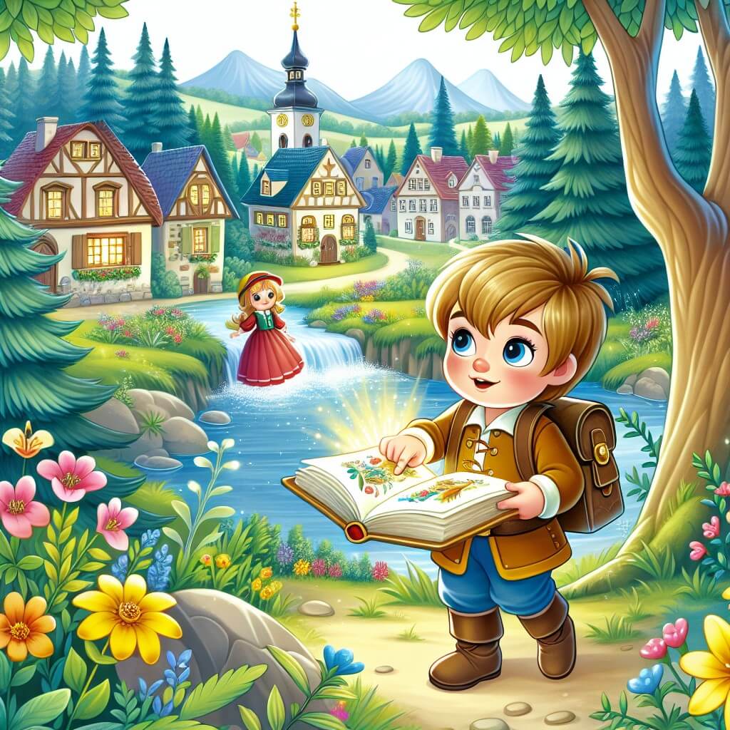 Une illustration destinée aux enfants représentant un petit garçon curieux et aventureux, né avec une particularité qui le rend différent, qui découvre un livre magique et part avec sa meilleure amie explorer une forêt enchantée où il découvrira un secret qui changera sa vie, le tout se déroulant dans une petite ville pittoresque appelée Willowville, entourée de majestueux arbres, de ruisseaux scintillants et de fleurs colorées.