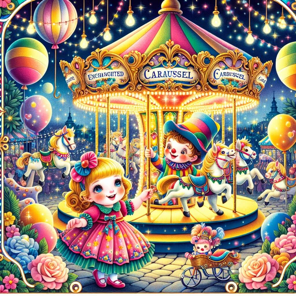 Une illustration destinée aux enfants représentant une petite fille vêtue d'une robe colorée, accompagnée d'un adorable clown, découvrant un magnifique carrousel enchanté, entourés de ballons colorés et de lumières étincelantes, au cœur d'un carnaval animé dans une petite ville.