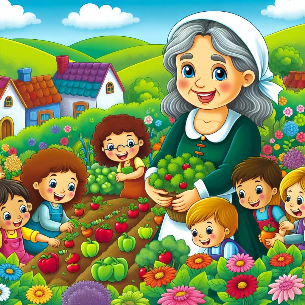 Une illustration destinée aux enfants représentant une femme souriante et bienveillante, entourée d'enfants curieux, travaillant joyeusement dans un jardin coloré et luxuriant rempli de légumes et de fleurs, dans un petit village pittoresque entouré de collines verdoyantes.