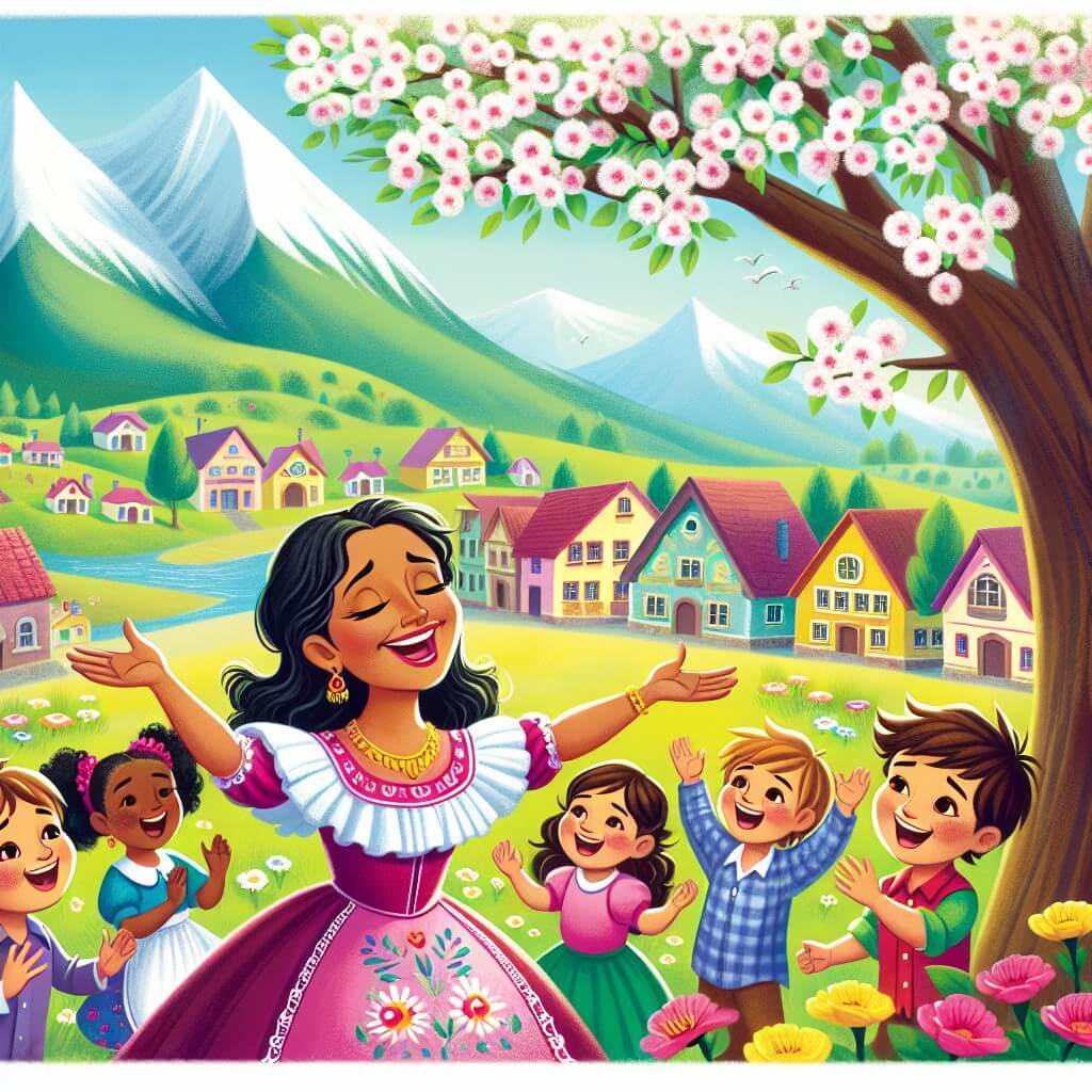 Une illustration destinée aux enfants représentant une jeune femme au sourire radieux, entourée d'enfants ravis, chantant joyeusement sous un magnifique arbre en fleurs, dans un village pittoresque rempli de maisons colorées et de montagnes majestueuses en arrière-plan.