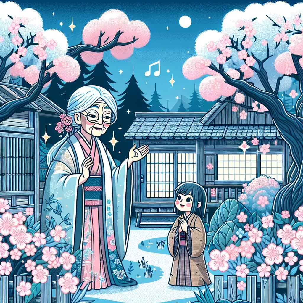Une illustration destinée aux enfants représentant une femme bienveillante vivant dans une petite maison en bois au milieu d'un village japonais, entourée de majestueux cerisiers en fleurs, accueillant une mystérieuse jeune fille perdue, vêtue d'un kimono déchiré, qui chante une mélodie enchanteresse dans une forêt magique.