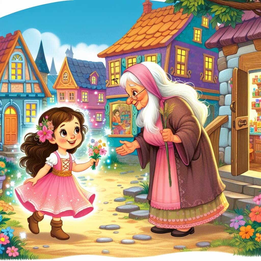 Une illustration destinée aux enfants représentant une petite fille pleine d'énergie, habillée d'une jolie robe rose, qui cherche un cadeau magique pour la fête des mères dans un village aux maisons colorées, et qui rencontre une vieille dame sympathique dans une boutique enchantée.