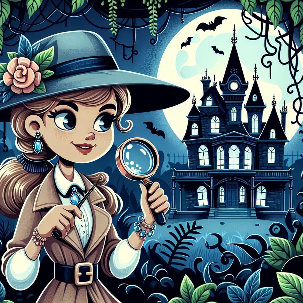 Une illustration destinée aux enfants représentant une femme détective talentueuse, arborant une loupe et un chapeau élégant, enquêtant sur la mystérieuse disparition d'un précieux collier dans une sombre et imposante demeure victorienne, envahie par les lianes, appelée Moonlight Manor.