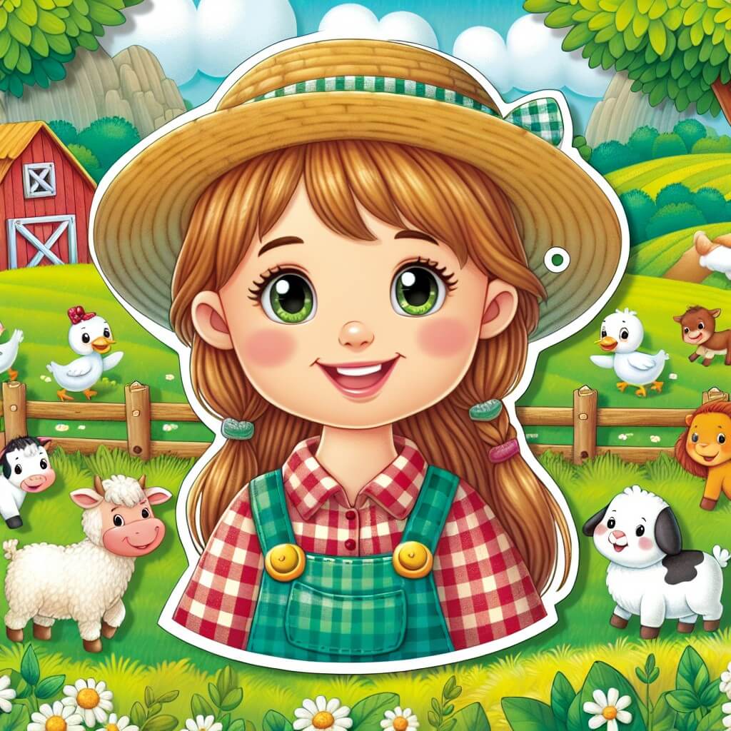 Une illustration destinée aux enfants représentant une jeune femme souriante, vêtue d'une chemise à carreaux et d'un chapeau de paille, debout dans une ferme pittoresque entourée de champs verdoyants, avec des animaux joyeux gambadant autour d'elle.