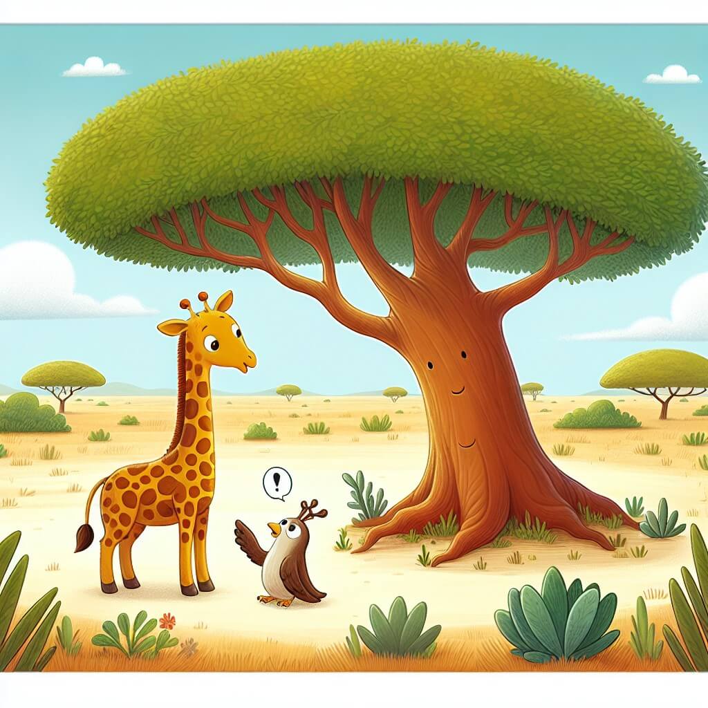 Une illustration destinée aux enfants représentant une gracieuse girafe curieuse, se tenant au milieu d'une vaste savane africaine, découvrant un arbre mystérieux et discutant avec un sage arbre parlant.