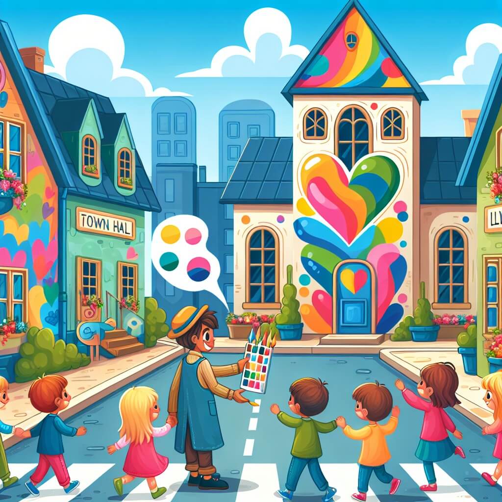 Une illustration destinée aux enfants représentant un artiste au cœur coloré, se liant d'amitié avec des enfants joyeux, dans une petite ville aux rues bordées de murales éclatantes et dont le point focal est une mairie transformée en un chef-d'œuvre vibrant.