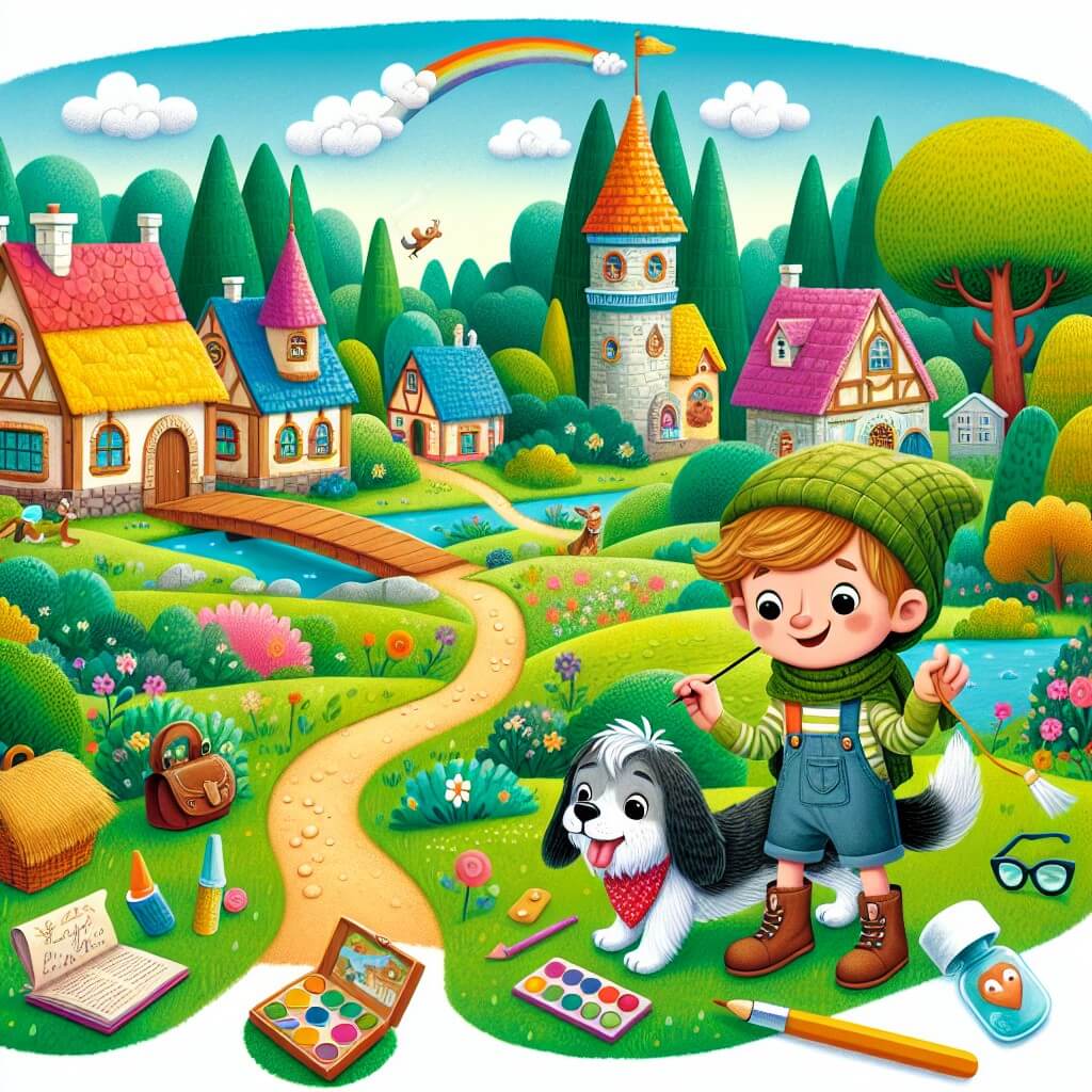 Une illustration destinée aux enfants représentant un petit garçon joyeux et curieux, faisant face à une maladie mystérieuse, accompagné de son fidèle chien, dans une petite ville colorée nommée Meadowbrook, entourée de prairies verdoyantes et de bois enchantés.