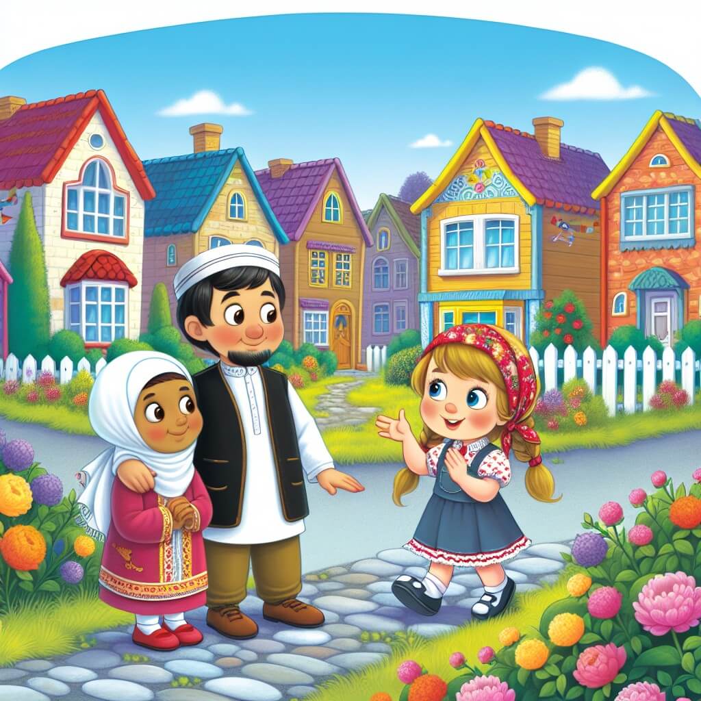 Une illustration destinée aux enfants représentant une petite fille curieuse découvrant une nouvelle amitié avec un voisin venu d'ailleurs, dans une paisible rue bordée de maisons colorées et de jardins fleuris.