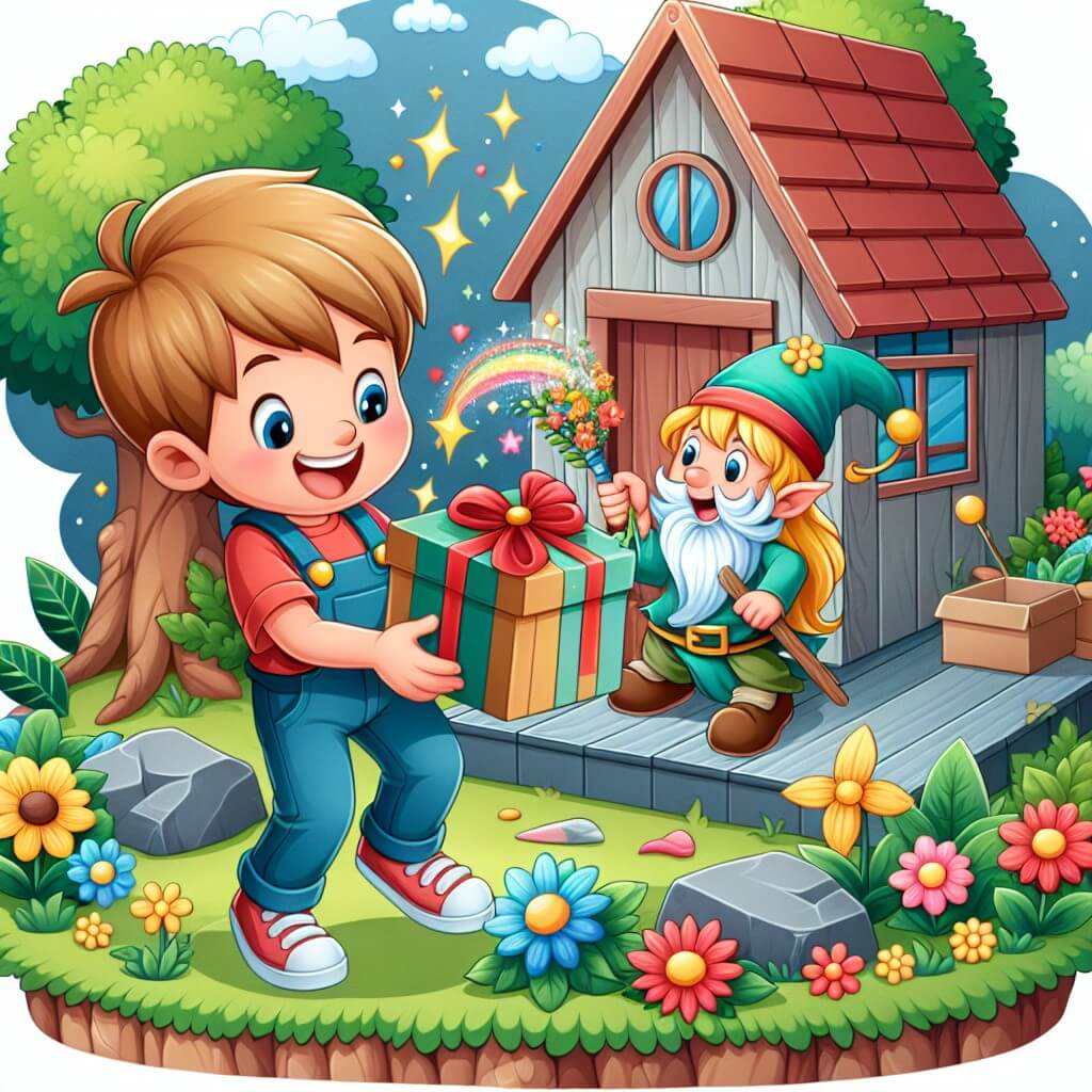 Une illustration destinée aux enfants représentant un petit garçon plein d'énergie, préparant un cadeau pour la fête des pères, avec l'aide d'un mystérieux personnage magique, dans une petite maison en bois entourée de fleurs colorées et d'arbres verdoyants.