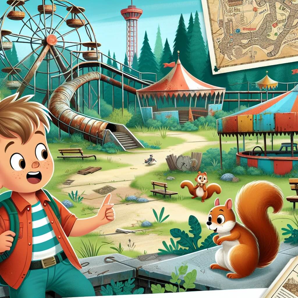 Une illustration destinée aux enfants représentant un petit garçon plein de curiosité et d'aventure, qui découvre une mystérieuse carte menant à un parc d'attractions abandonné, accompagné d'un écureuil parlant, dans lequel il espère trouver le légendaire Feu d'artifice d'Or, tout cela se déroulant dans un parc d'attractions déserté avec des manèges rouillés et des buissons envahis par la nature.