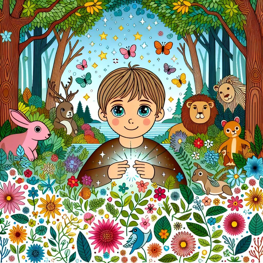 Une illustration destinée aux enfants représentant un jeune garçon aux yeux brillants, qui découvre un trésor caché dans une forêt enchantée remplie de fleurs colorées et d'animaux parlants, tout en transmettant un message d'amour et de protection envers la nature.