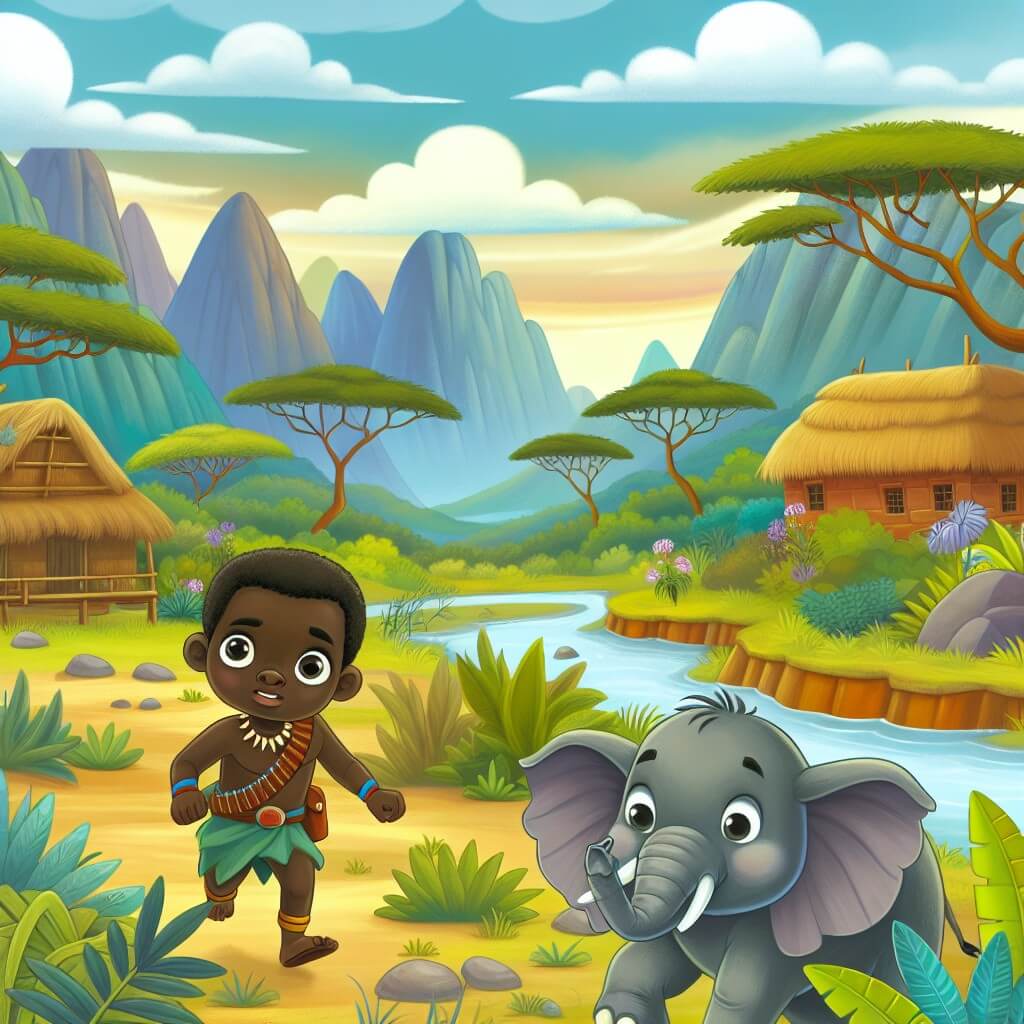 Une illustration destinée aux enfants représentant un jeune homme courageux, perdu au cœur d'une jungle mystérieuse, accompagné d'un éléphanteau espiègle, dans un village africain entouré de vastes savanes et de majestueuses montagnes.