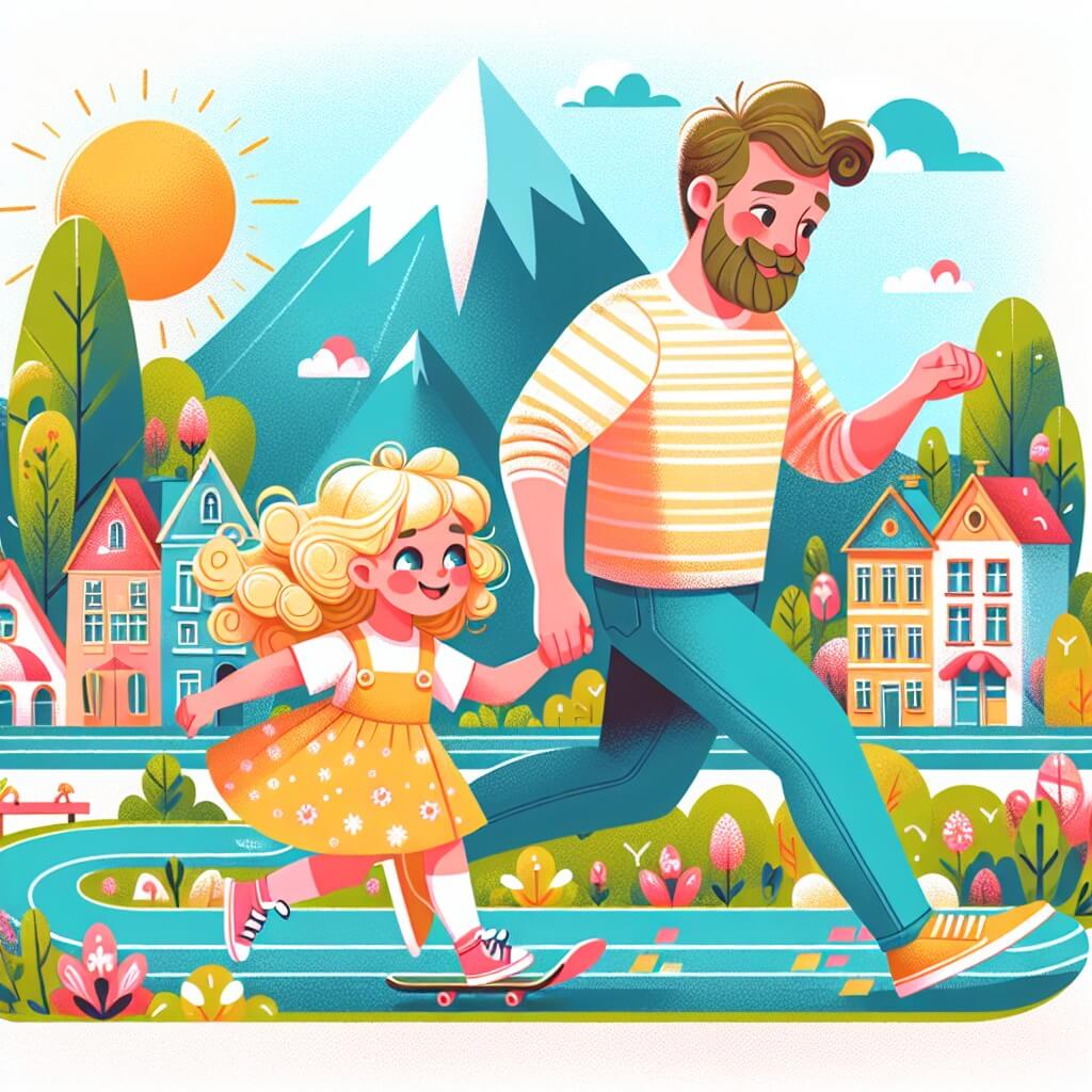 Une illustration destinée aux enfants représentant une petite fille aux boucles d'or, pleine d'imagination et d'enthousiasme, qui participe à une course d'aventure avec son papa pour la fête des pères, à travers une ville ensoleillée avec des maisons colorées, des arbres fleuris et une montagne majestueuse en arrière-plan.