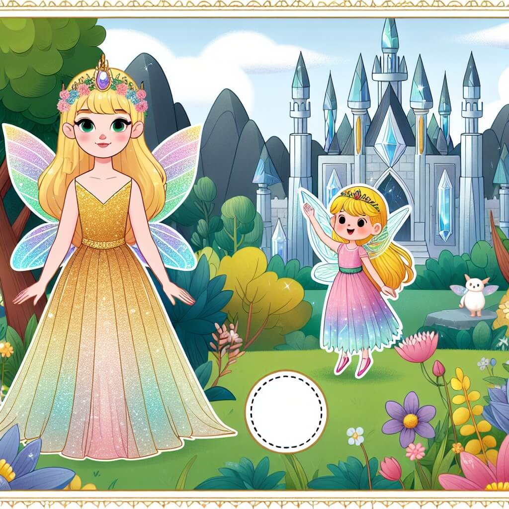 Une illustration destinée aux enfants représentant une femme aux cheveux d'or, vêtue d'une robe scintillante, se tenant devant un majestueux château de cristal, accompagnée d'une fée aux ailes chatoyantes, dans une forêt enchantée remplie de fleurs éclatantes et d'animaux parlants.