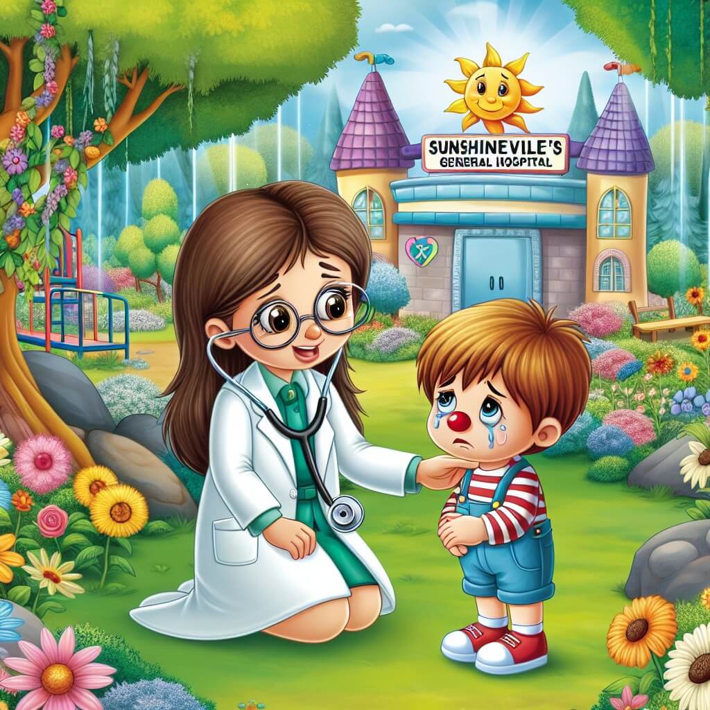 Une illustration destinée aux enfants représentant une jeune femme médecin, vêtue de sa blouse blanche et portant un stéthoscope autour du cou, qui rencontre un petit garçon malade avec un nez rouge et des yeux pleins de larmes, dans un jardin magique rempli de fleurs colorées, d'arbres majestueux et d'un terrain de jeux ensoleillé, situé juste à côté de l'hôpital général de Sunshineville.