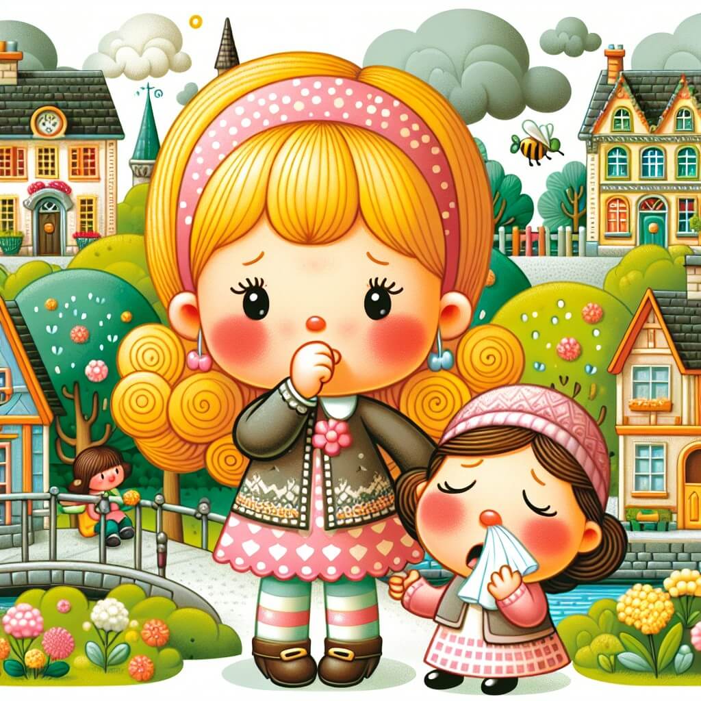 Une illustration destinée aux enfants représentant une petite fille aux joues roses et aux boucles dorées, qui fait face à une maladie, accompagnée de sa maman qui tousse et éternue, dans une jolie petite ville avec des maisons colorées et un parc verdoyant.