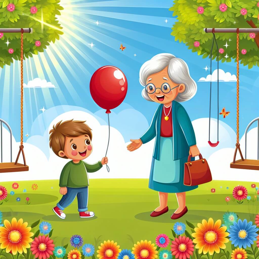 Une illustration destinée aux enfants représentant un petit garçon curieux tenant un ballon rouge, confronté à une gentille vieille dame avec un sourire chaleureux, dans un parc ensoleillé entouré de balançoires colorées et de fleurs éclatantes.
