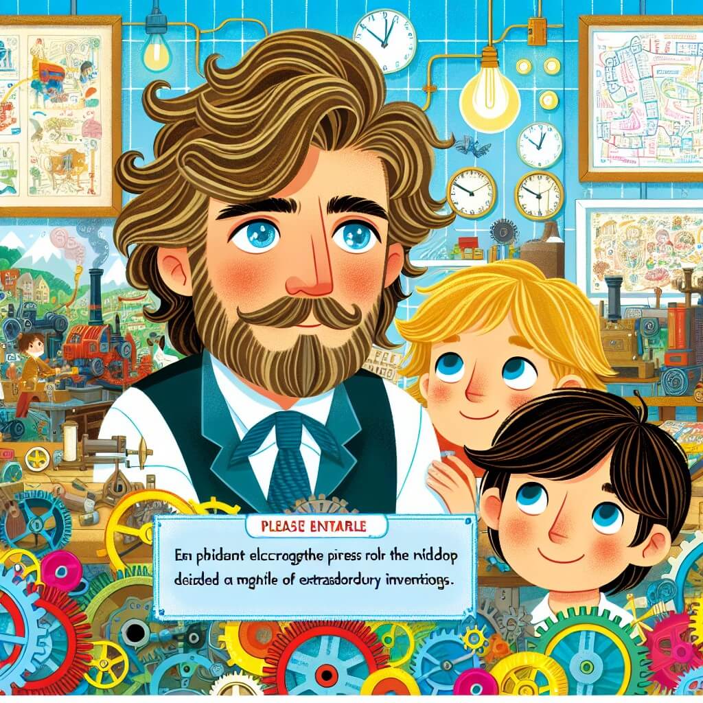 Une illustration destinée aux enfants représentant un homme aux cheveux ébouriffés et aux yeux pétillants, entouré d'une multitude d'inventions extraordinaires, accompagné d'un jeune garçon et d'une petite fille, dans un atelier rempli de machines, de rouages colorés et de tableaux couverts de schémas, situé au cœur d'une ville paisible et animée appelée Brightville.