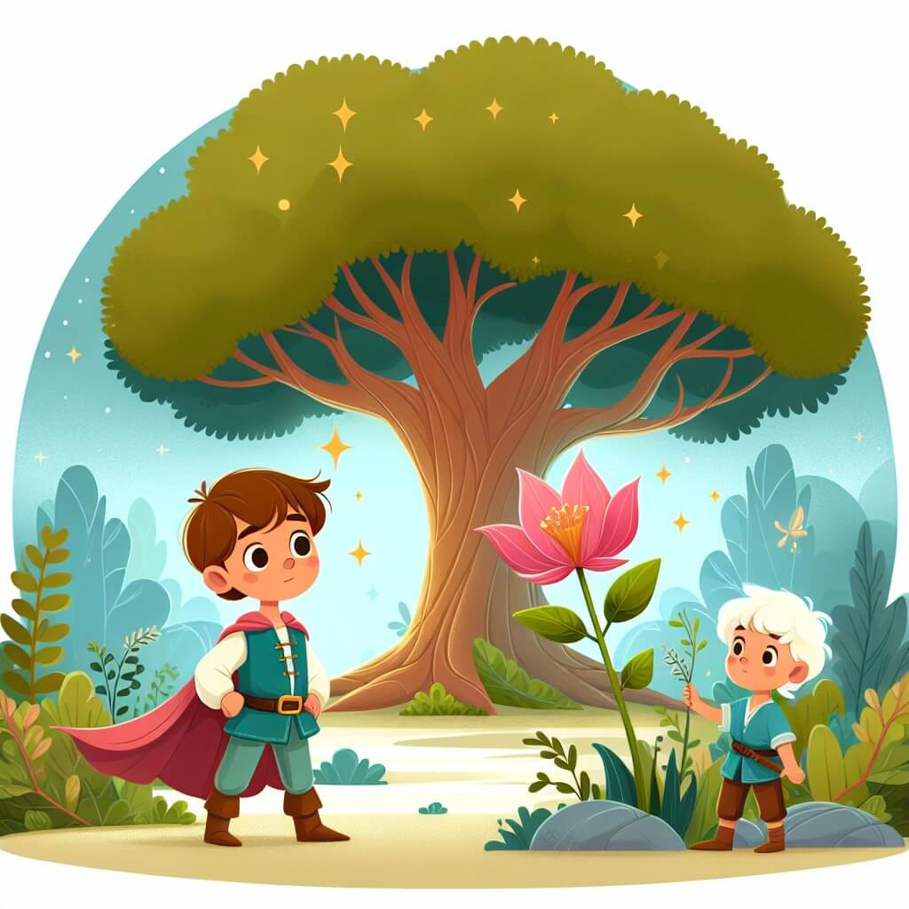 Une illustration destinée aux enfants représentant un petit garçon curieux et rêveur, se tenant devant un arbre majestueux dans une forêt enchantée, accompagné d'une fleur magique qui lui offre la confiance nécessaire pour surmonter tous les défis qui se présentent à lui.