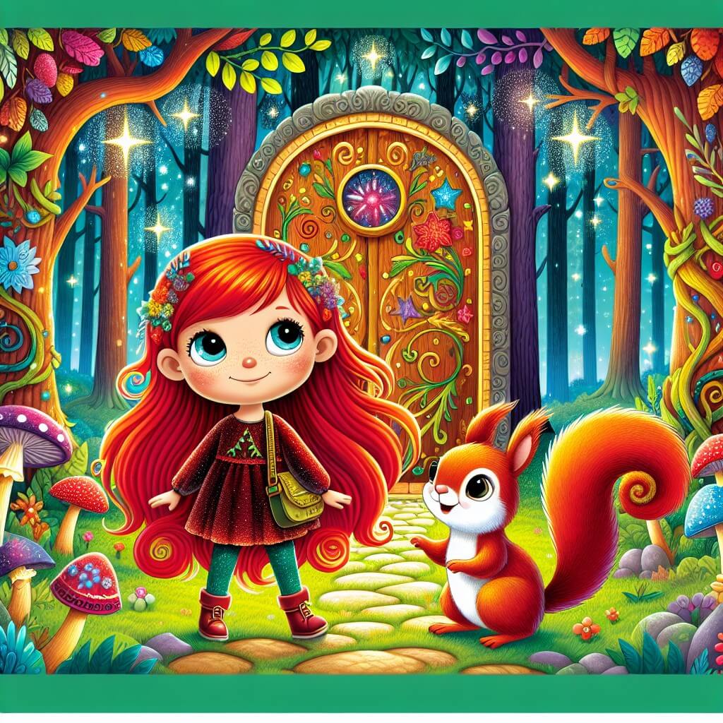 Une illustration destinée aux enfants représentant une petite fille aux cheveux rouges éclatants, se tenant devant une porte magique, accompagnée d'un écureuil comique, dans une forêt enchantée scintillante de couleurs vives et emplie de créatures fantastiques.