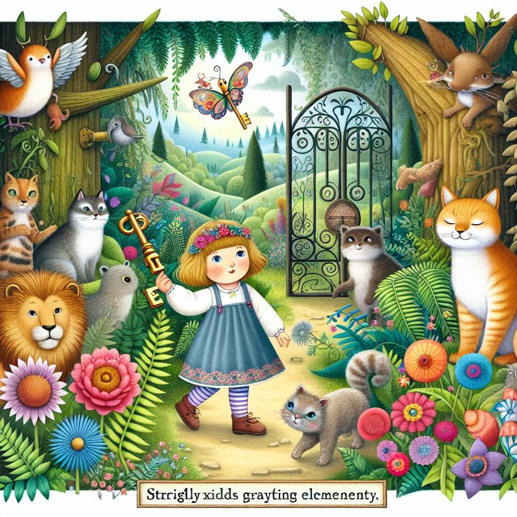 Une illustration destinée aux enfants représentant une petite fille curieuse et aventurière, tenant une clé mystérieuse, accompagnée d'animaux parlants, explorant un jardin enchanté rempli de fleurs colorées, d'arbres majestueux et d'une porte miniature nichée entre des fougères géantes.