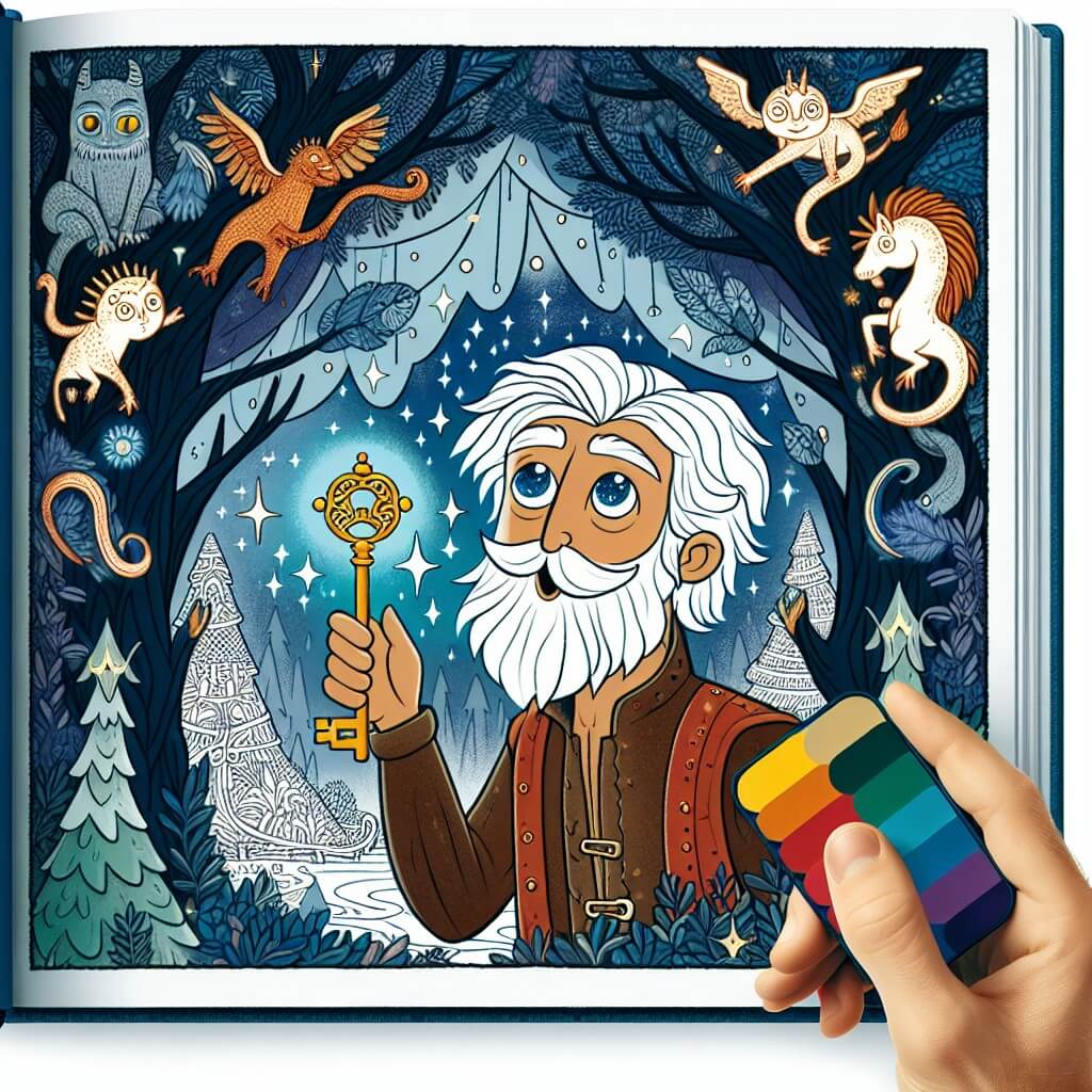Une illustration destinée aux enfants représentant un homme aux yeux étincelants, tenant une clé mystérieuse, découvrant un monde enchanté rempli de créatures mythiques, au cœur d'une forêt magique où les arbres majestueux se dressent avec des branches qui semblent toucher les étoiles.