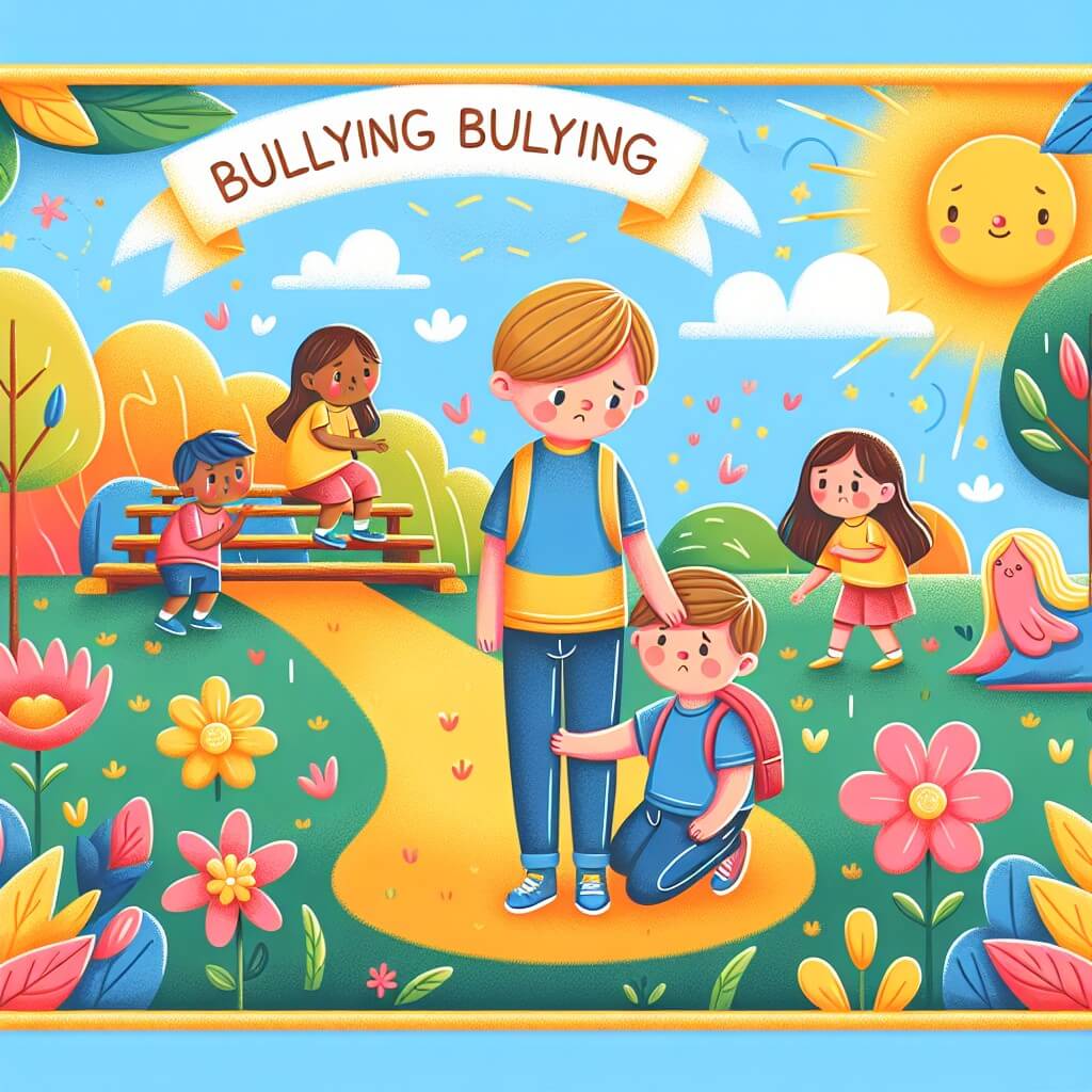Une illustration destinée aux enfants représentant un petit garçon solitaire, confronté au harcèlement à l'école, trouvant le réconfort et le soutien d'un ami inattendu, dans une cour de récréation colorée et ensoleillée parsemée de fleurs et d'arbres joyeux.