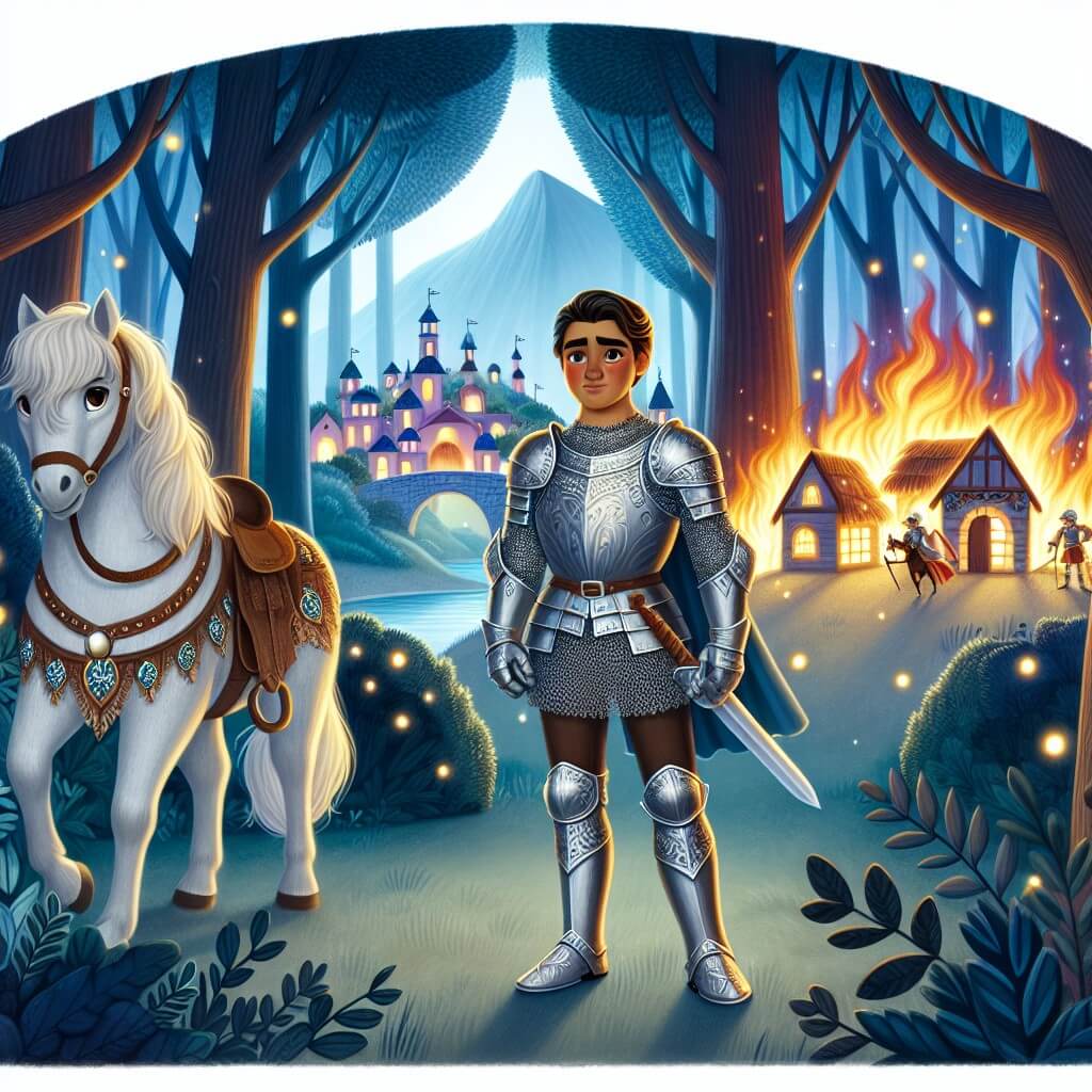 Une illustration destinée aux enfants représentant un vaillant chevalier en armure étincelante, se dressant devant un village en flammes, accompagné de son fidèle destrier, le tout se déroulant dans une forêt enchantée aux arbres majestueux et aux lumières féeriques.