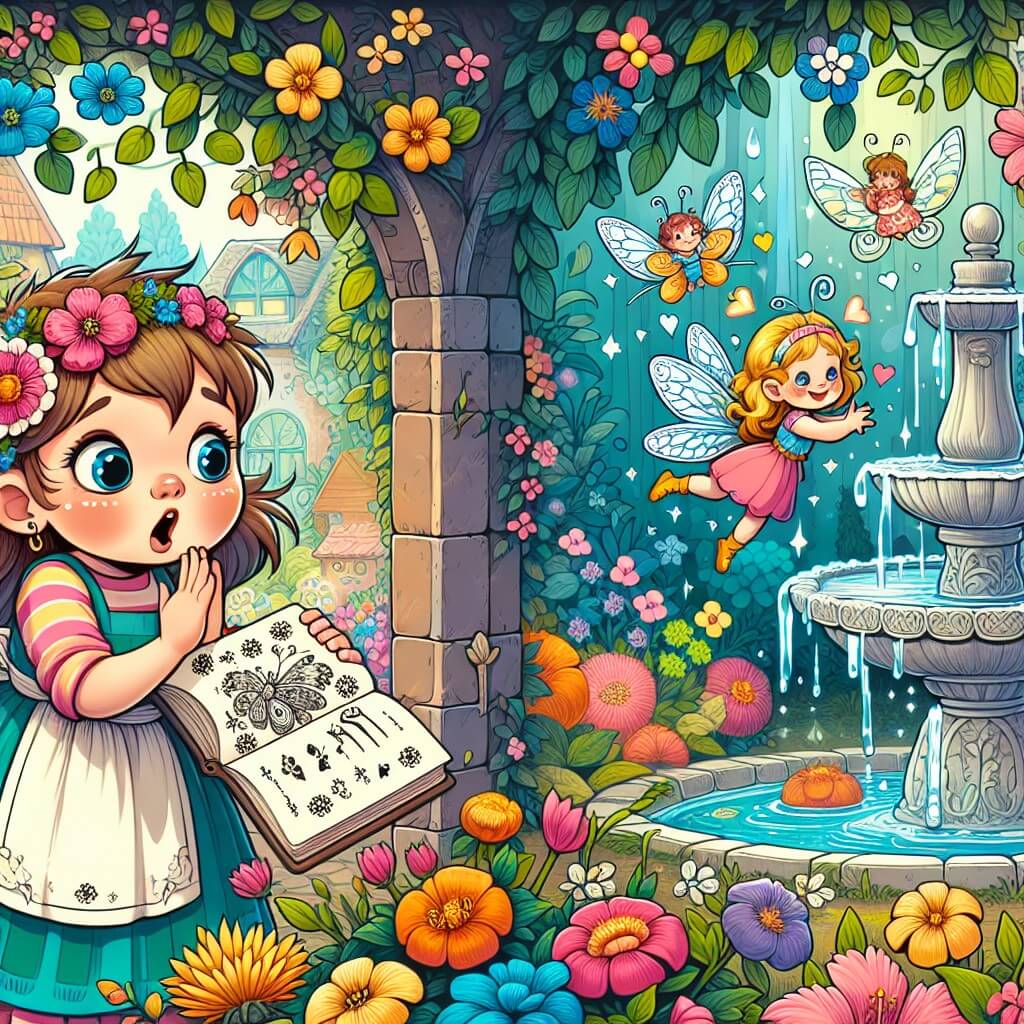 Une illustration destinée aux enfants représentant une petite fille pleine de curiosité, préparant une surprise comique pour sa maman, avec l'aide d'une fée espiègle, dans un jardin secret rempli de fleurs éclatantes et d'une fontaine enchantée.
