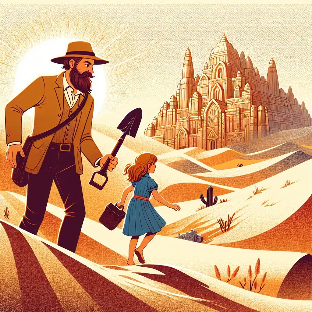 Une illustration destinée aux enfants représentant un homme barbu, vêtu d'un chapeau et muni d'une pelle, découvrant une cité perdue enfouie sous d'immenses dunes de sable, en compagnie d'une jeune fille curieuse, dans le désert brûlant de Desertia.